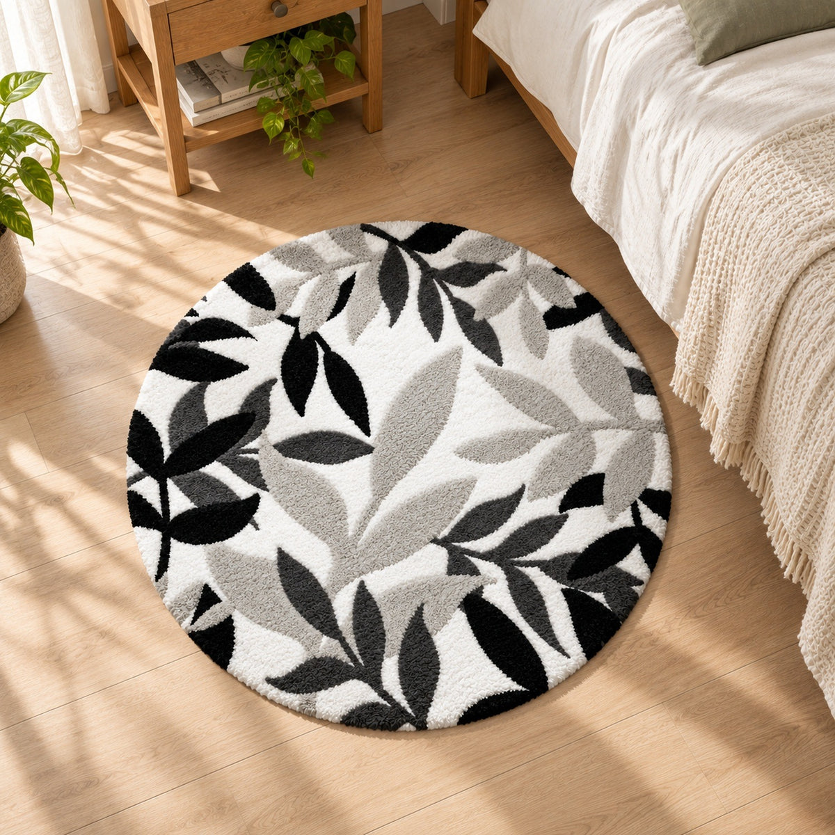 Feblilac Black White and Grey Leaves Tufted Bath Mat