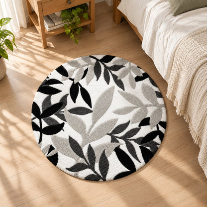 Feblilac Black White and Grey Leaves Tufted Bath Mat