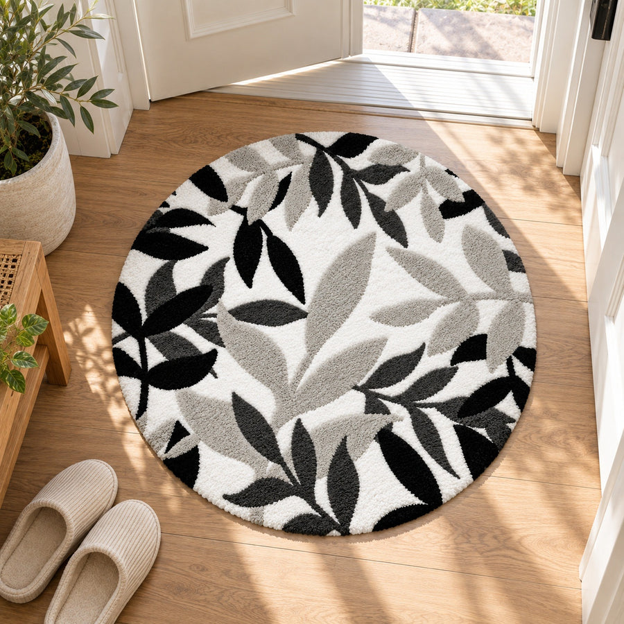 Feblilac Black White and Grey Leaves Tufted Bath Mat