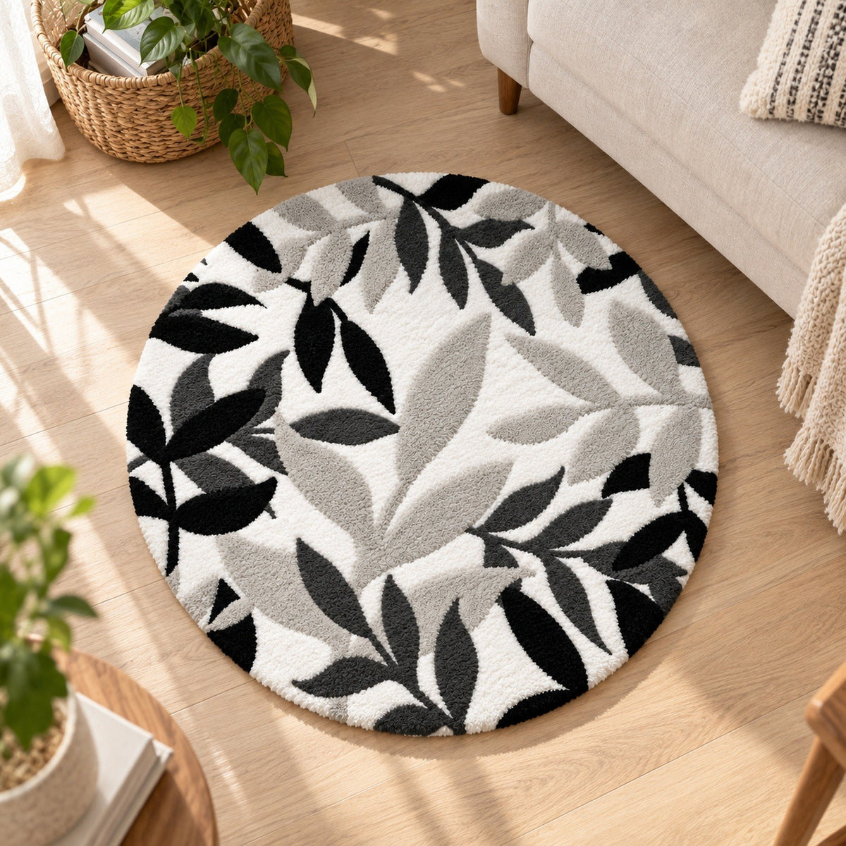 Feblilac Black White and Grey Leaves Tufted Bath Mat