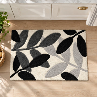 Feblilac Black White and Grey Leaves Tufted Bath Mat