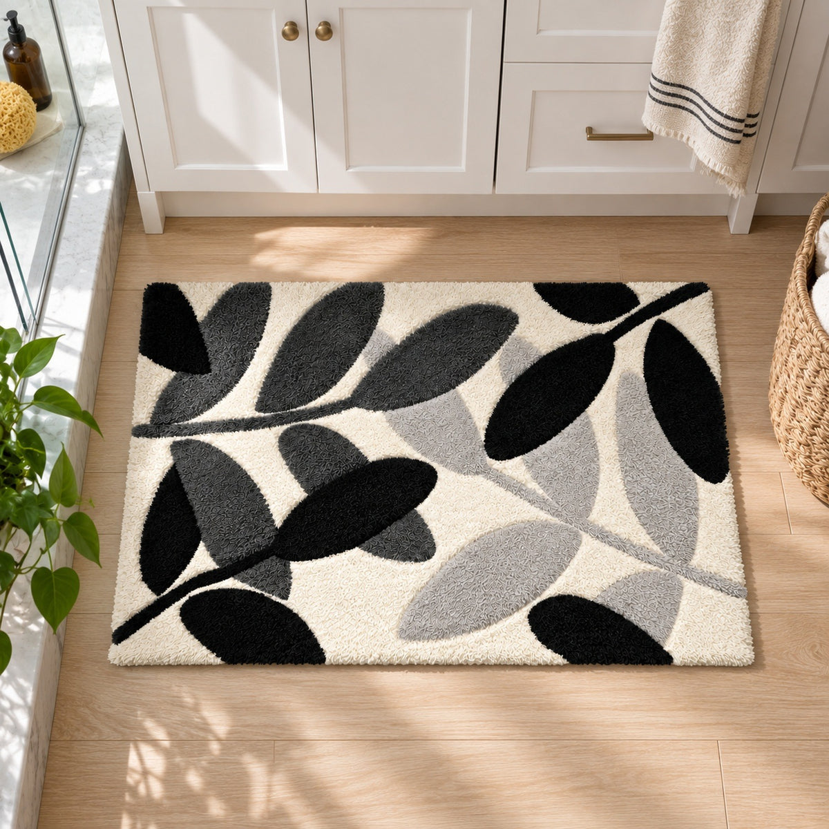 Feblilac Black White and Grey Leaves Tufted Bath Mat