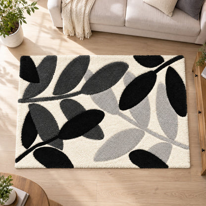 Feblilac Black White and Grey Leaves Tufted Bath Mat