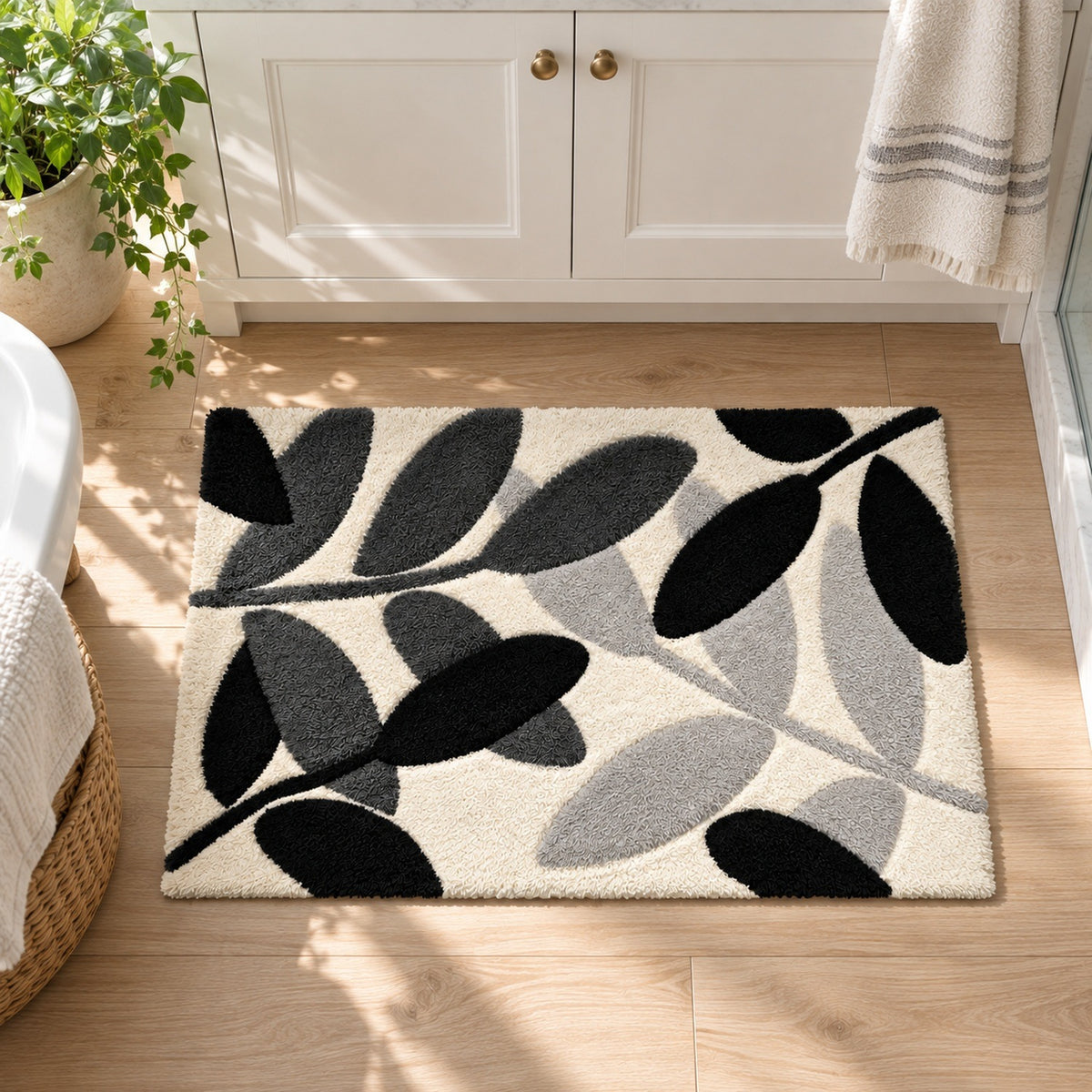 Feblilac Black White and Grey Leaves Tufted Bath Mat