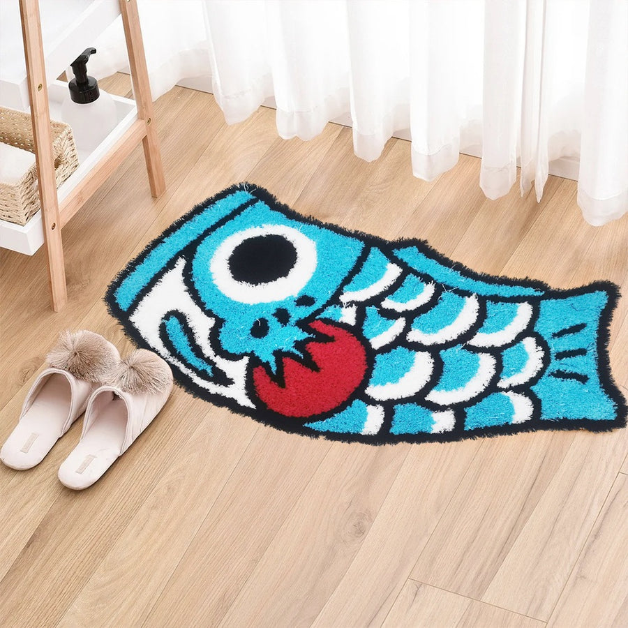 Feblilac Koinobori Carp Flag Bright Blue Red Fins Tufted Bath Mat
