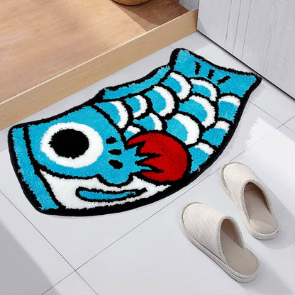 Feblilac Koinobori Carp Flag Bright Blue Red Fins Tufted Bath Mat