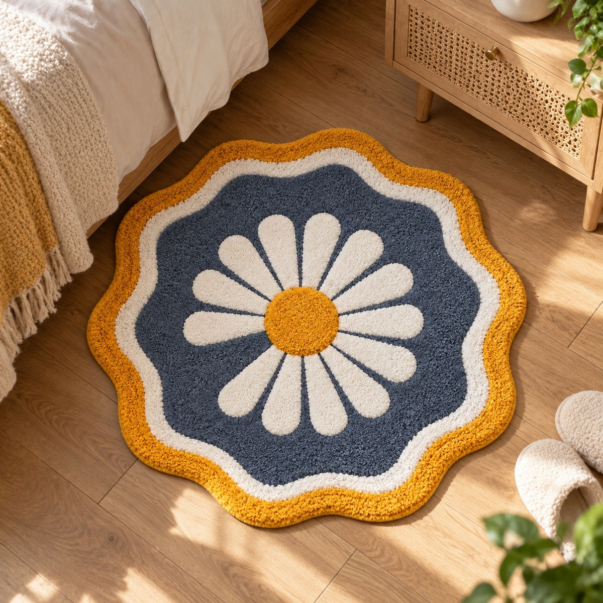 Feblilac Round Wavy Edge Chrysanthemum Tufted Bath Mat