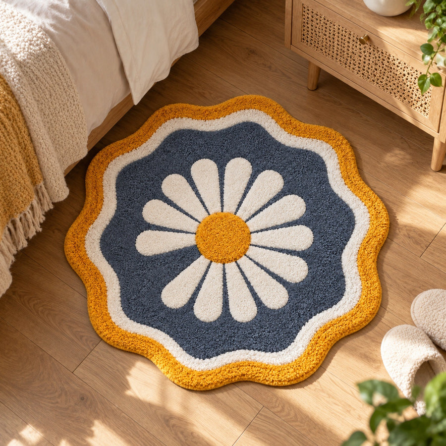 Feblilac Round Wavy Edge Chrysanthemum Tufted Bath Mat