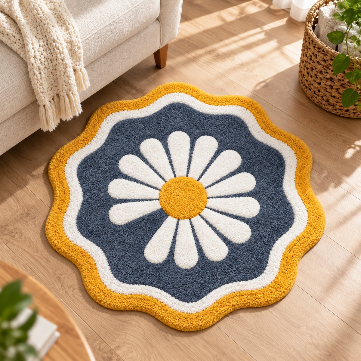 Feblilac Round Wavy Edge Chrysanthemum Tufted Bath Mat