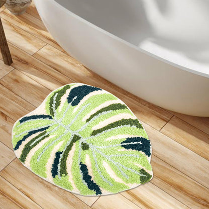 Feblilac Irregular Teal Monstera Tufted Bath Mat
