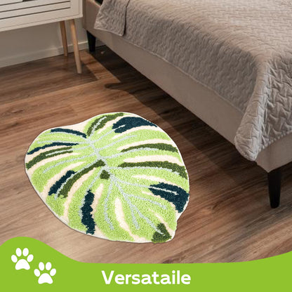Feblilac Irregular Teal Monstera Tufted Bath Mat