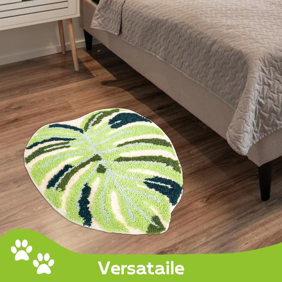 Feblilac Irregular Teal Monstera Tufted Bath Mat