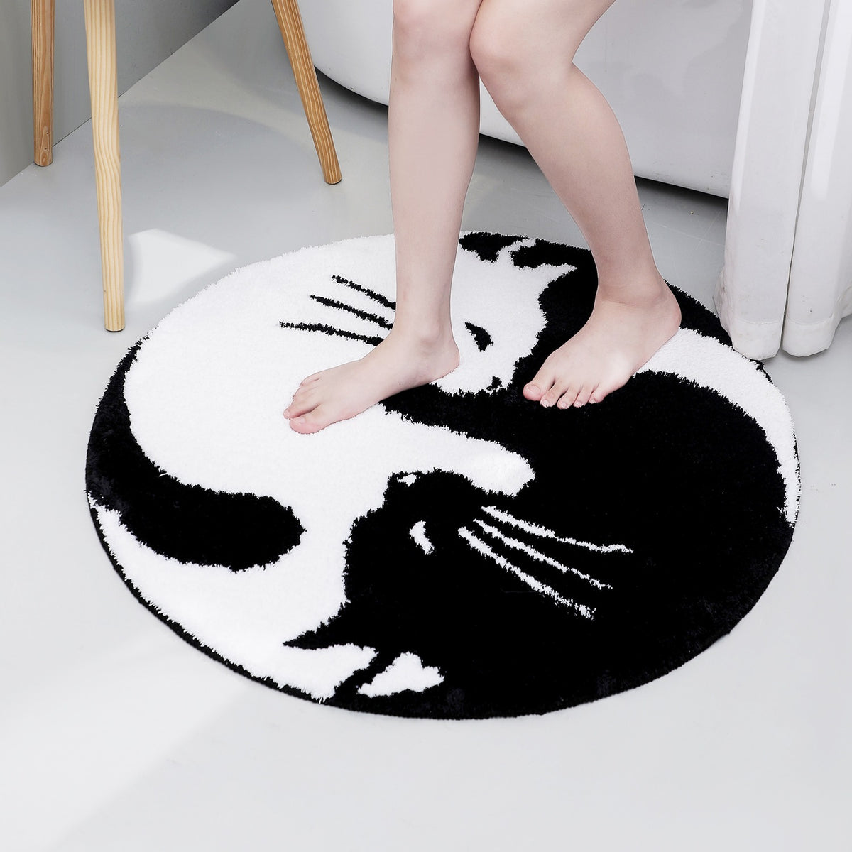 Feblilac Black and White Yin Yang Cat Tufted Bath Mat