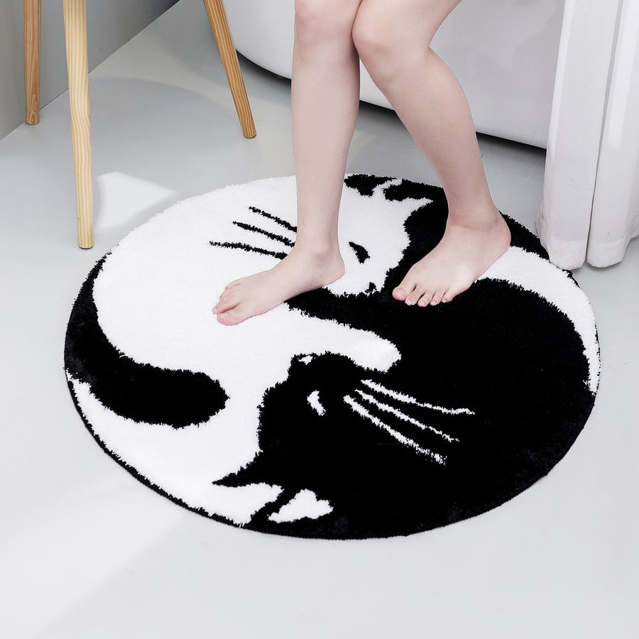 Feblilac Black and White Yin Yang Cat Tufted Bath Mat