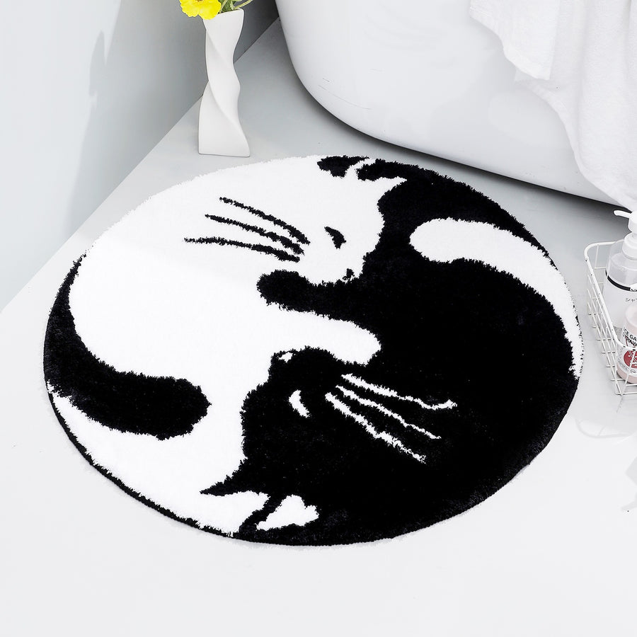 Feblilac Black and White Yin Yang Cat Tufted Bath Mat