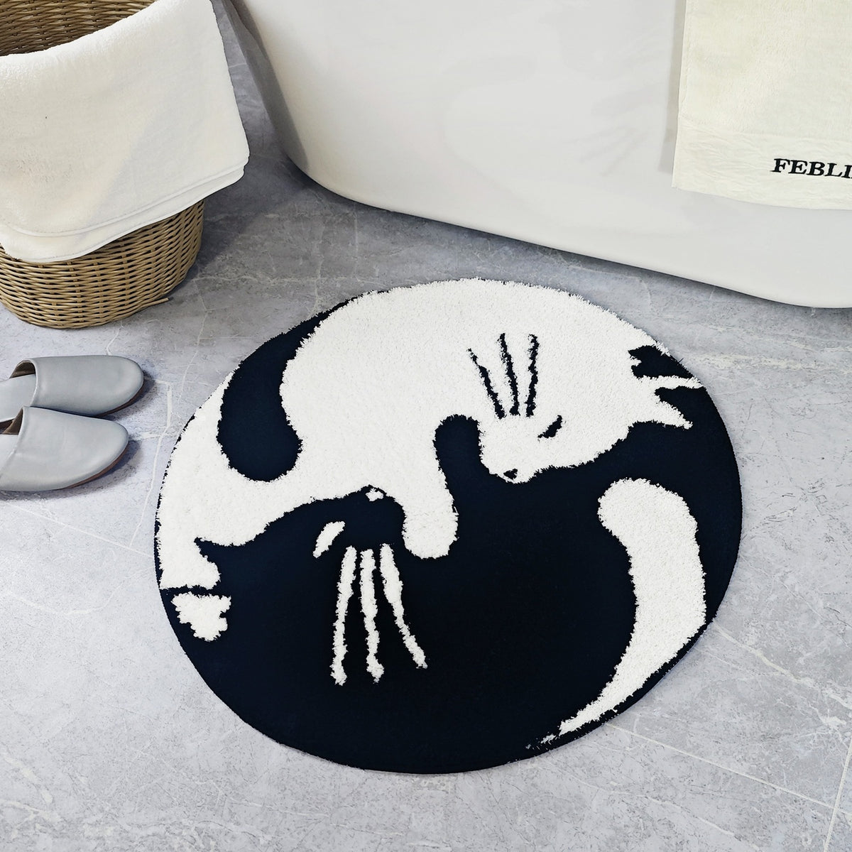 Feblilac Black and White Yin Yang Cat Tufted Bath Mat