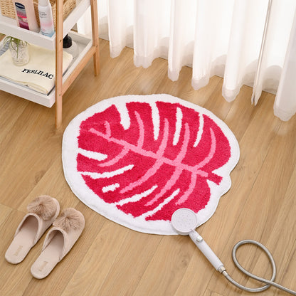 Feblilac Pink Monstera Leaves Tufted Bath Mat