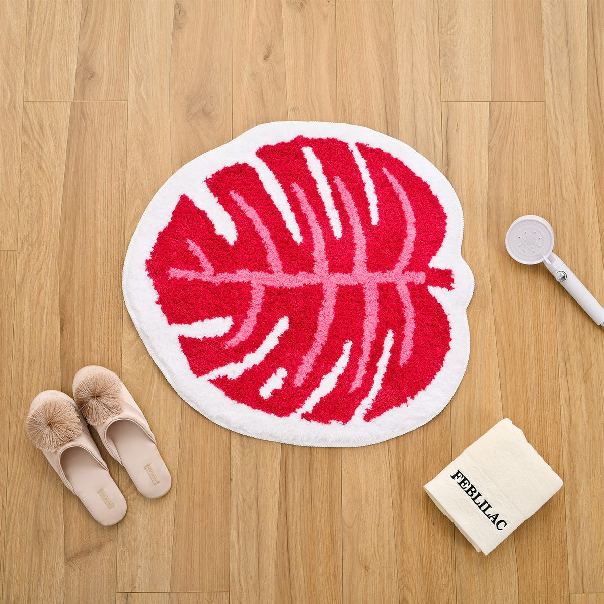 Feblilac Pink Monstera Leaves Tufted Bath Mat
