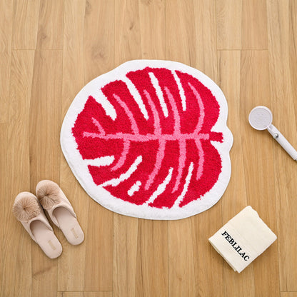 Feblilac Pink Monstera Leaves Tufted Bath Mat