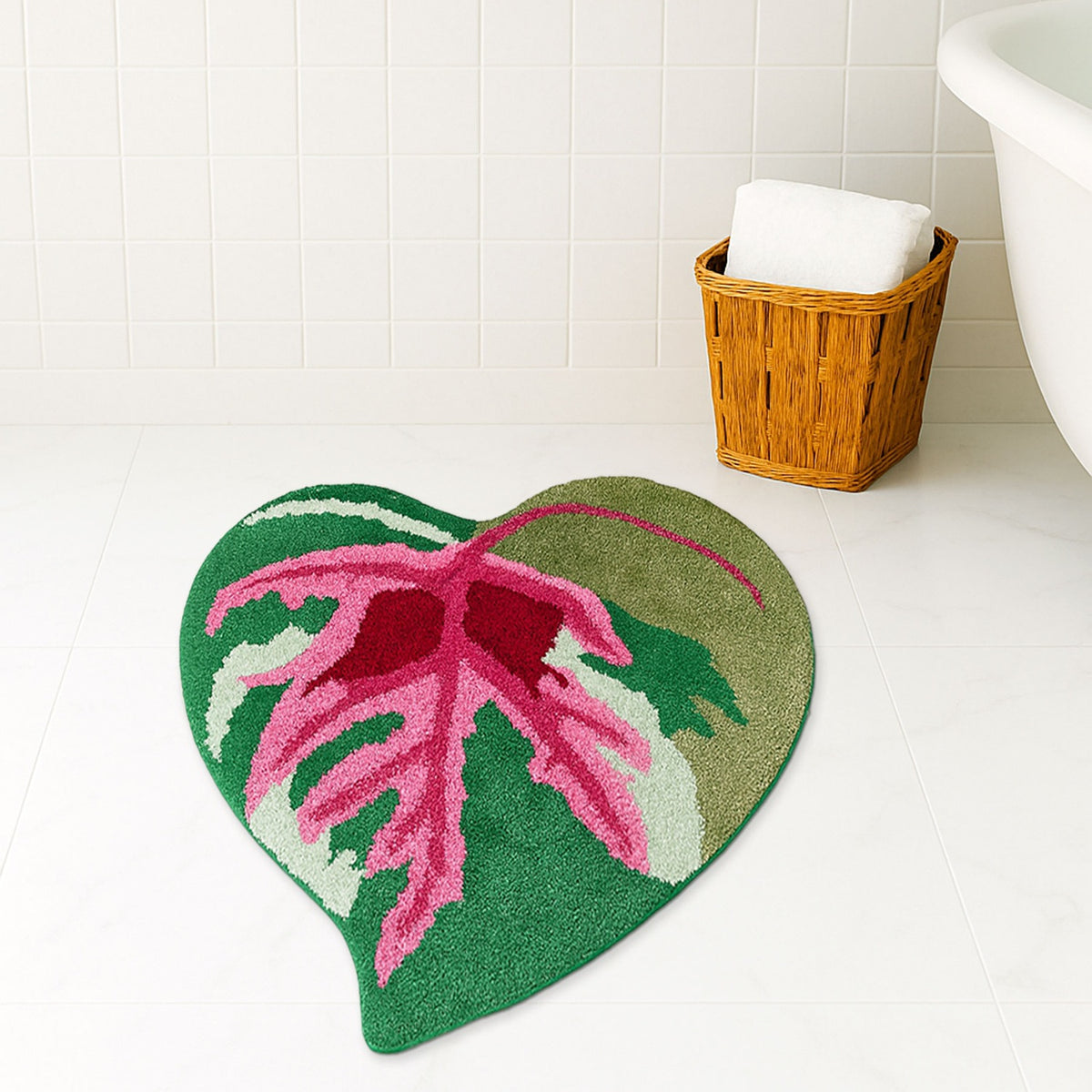 Feblilac Pink and Green Tropical Leaves Tufted Bath Mat