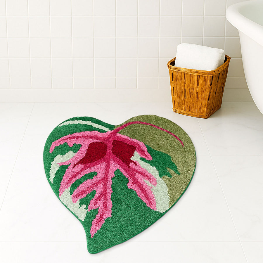 Feblilac Pink and Green Tropical Leaves Tufted Bath Mat