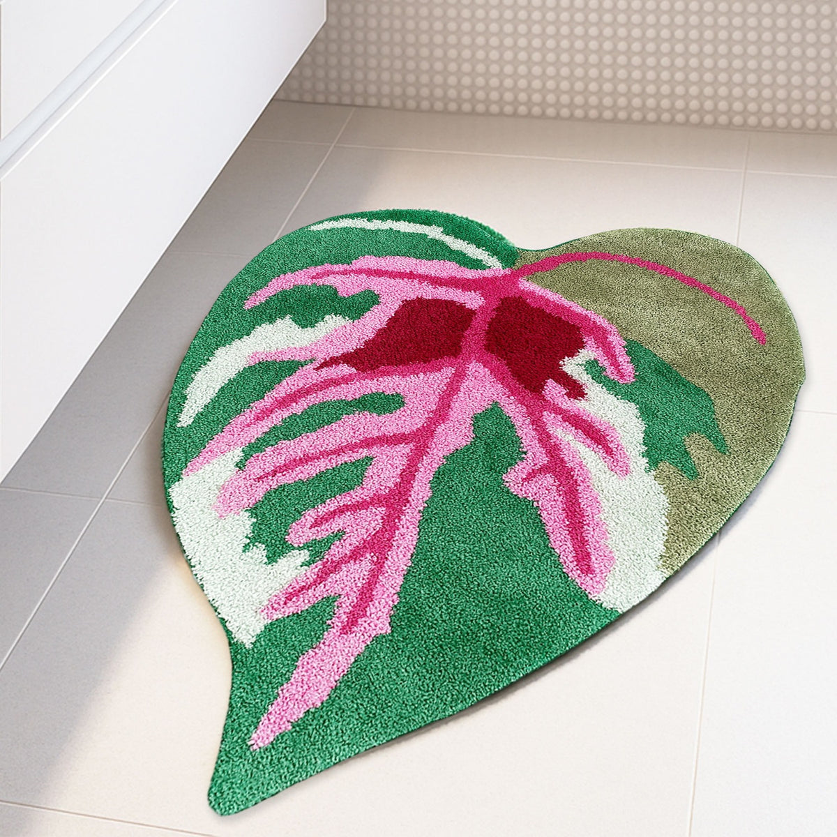 Feblilac Pink and Green Tropical Leaves Tufted Bath Mat