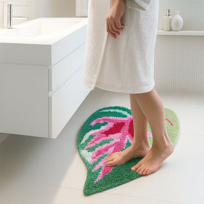 Feblilac Pink and Green Tropical Leaves Tufted Bath Mat