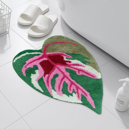 Feblilac Pink and Green Tropical Leaves Tufted Bath Mat