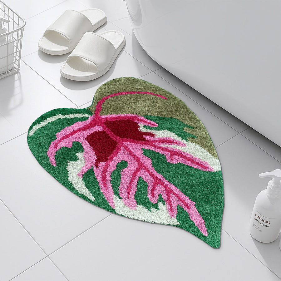 Feblilac Pink and Green Tropical Leaves Tufted Bath Mat