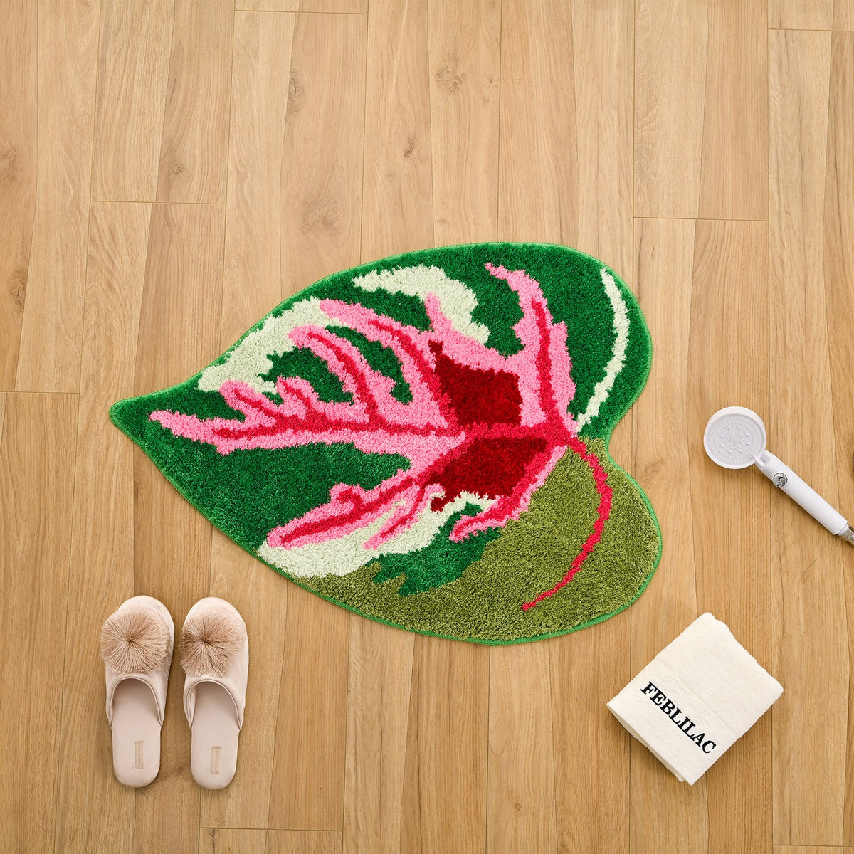 Feblilac Pink and Green Tropical Leaves Tufted Bath Mat