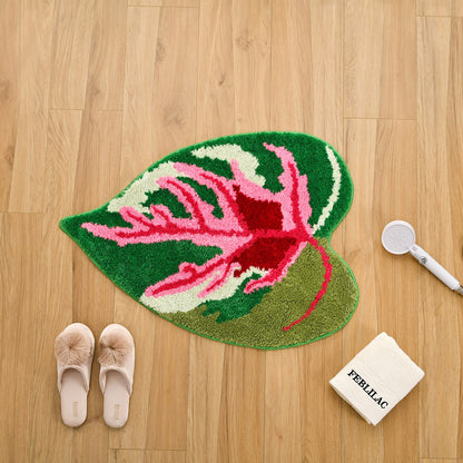 Feblilac Pink and Green Tropical Leaves Tufted Bath Mat