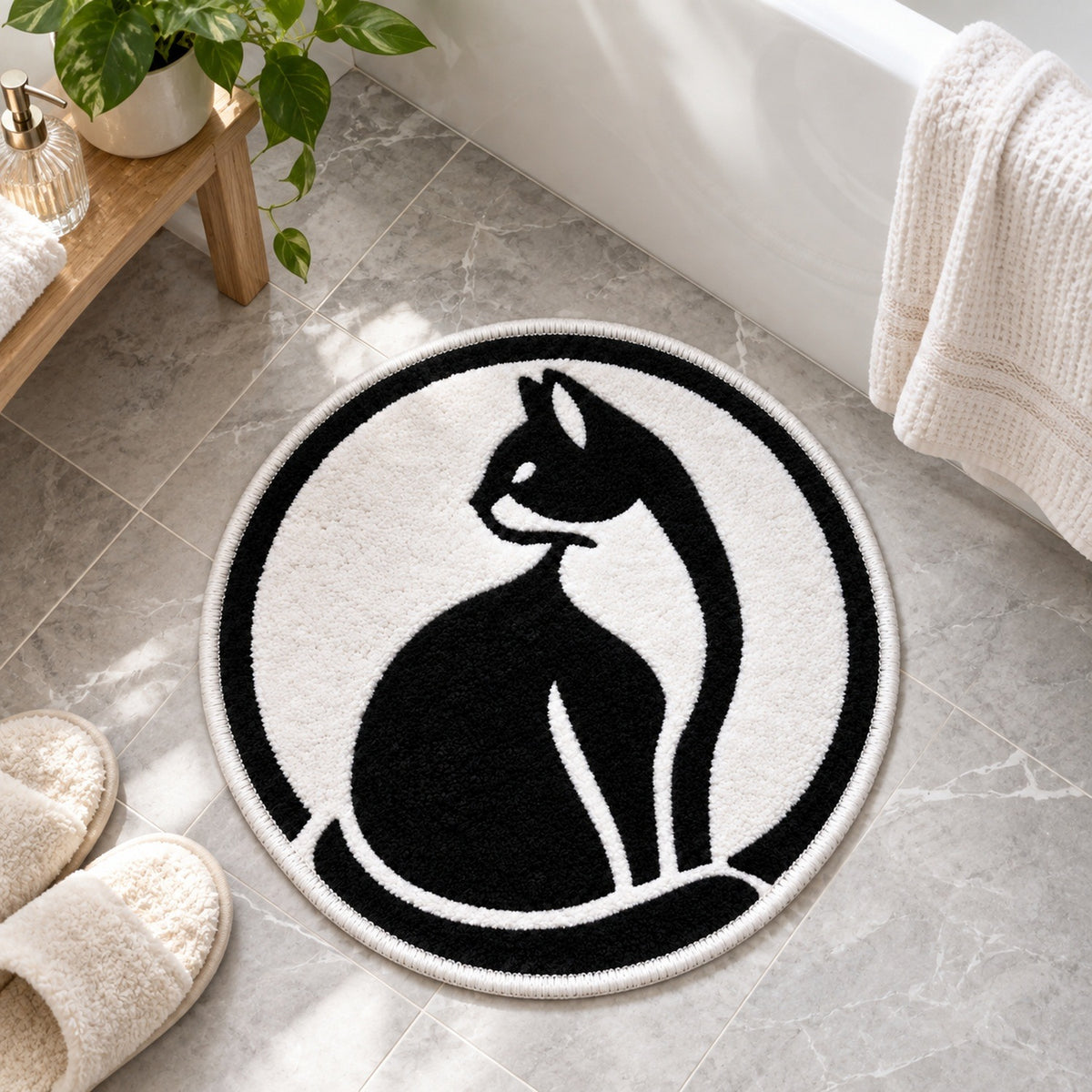 Feblilac Black and White Looking Back Cat Tufted Bath Mat