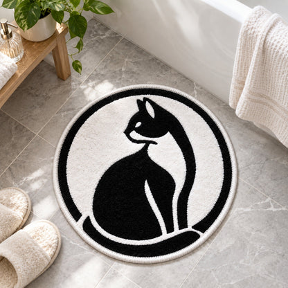 Feblilac Black and White Looking Back Cat Tufted Bath Mat