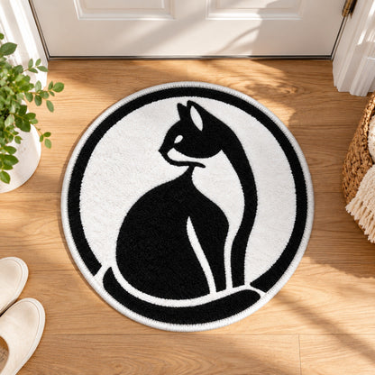 Feblilac Black and White Looking Back Cat Tufted Bath Mat