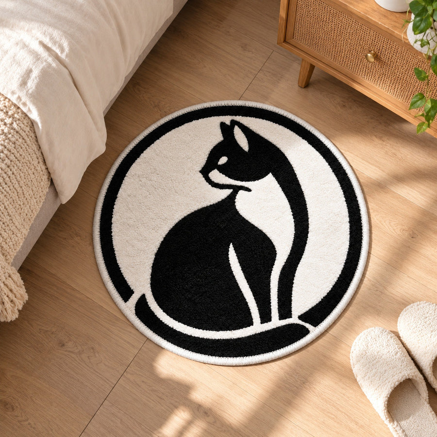 Feblilac Black and White Looking Back Cat Tufted Bath Mat