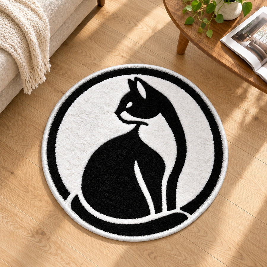 Feblilac Black and White Looking Back Cat Tufted Bath Mat