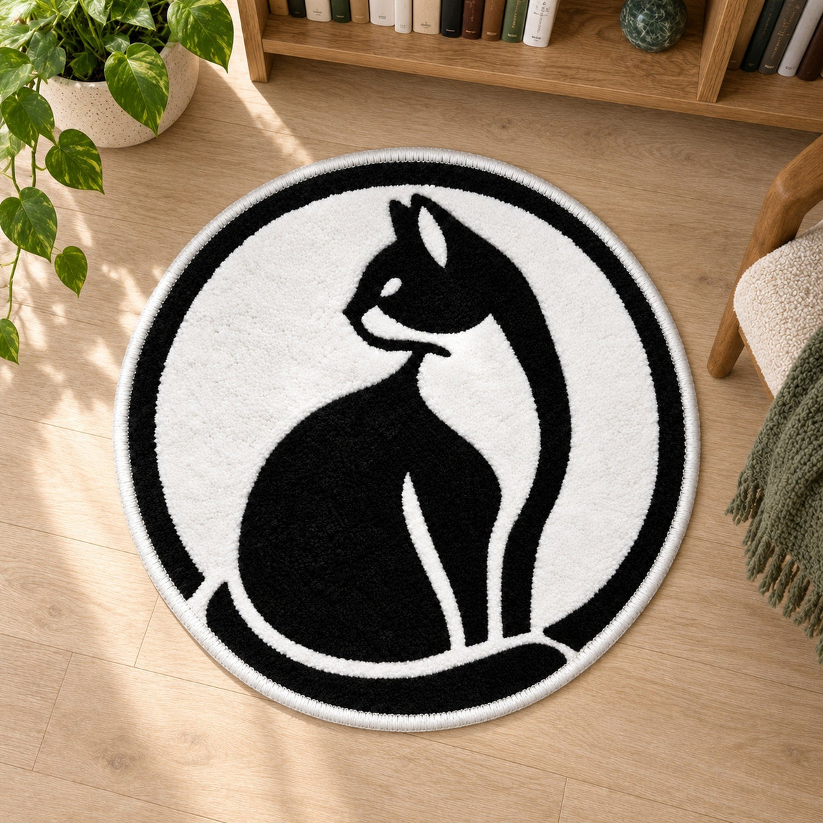 Feblilac Black and White Looking Back Cat Tufted Bath Mat