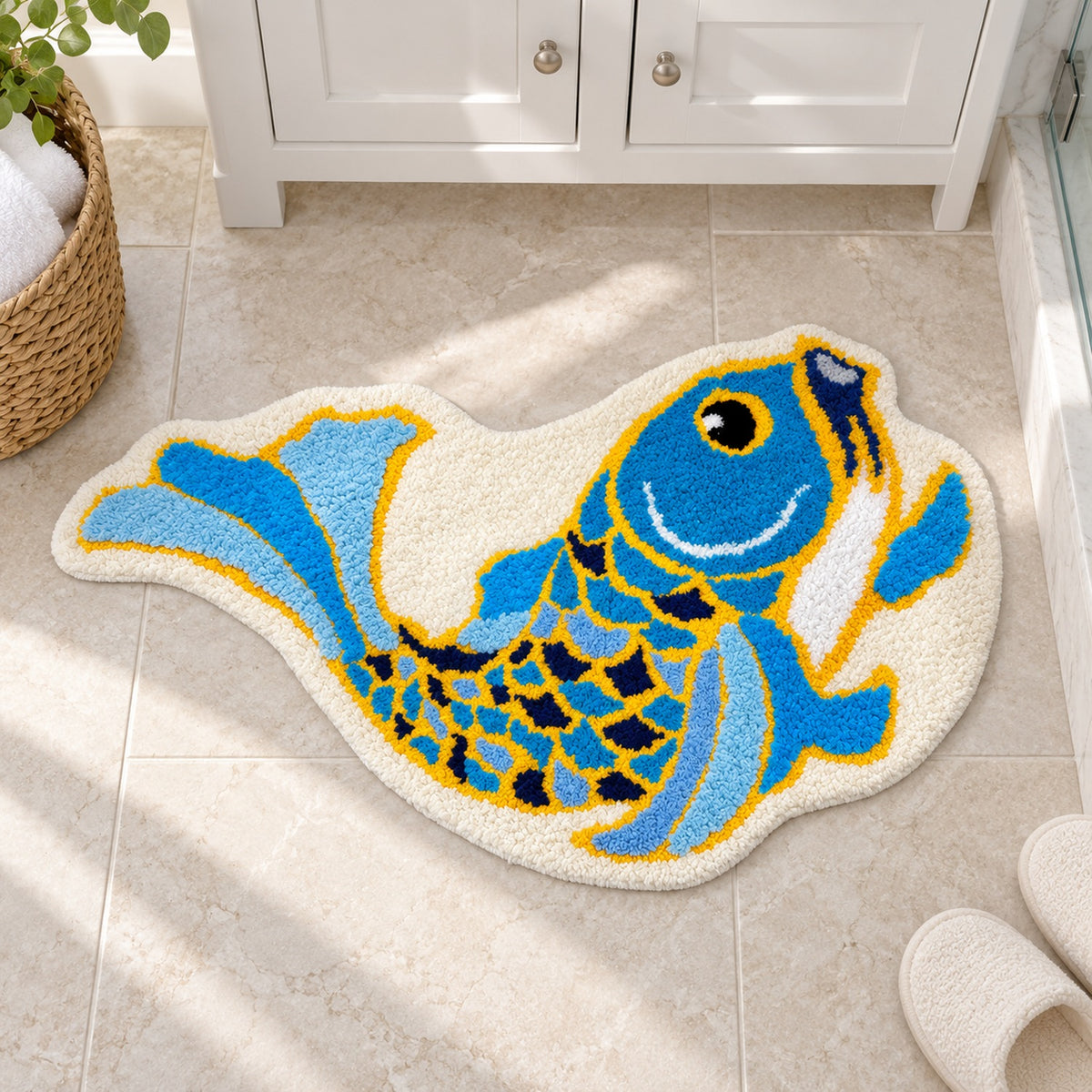Feblilac Traditional Koi Blue Tufted Bath Mat