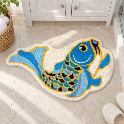 Feblilac Traditional Koi Blue Tufted Bath Mat