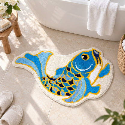 Feblilac Traditional Koi Blue Tufted Bath Mat