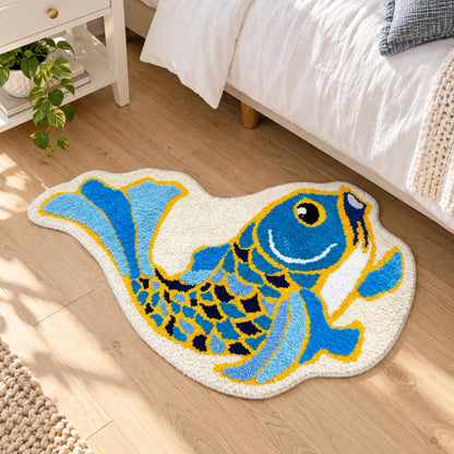 Feblilac Traditional Koi Blue Tufted Bath Mat