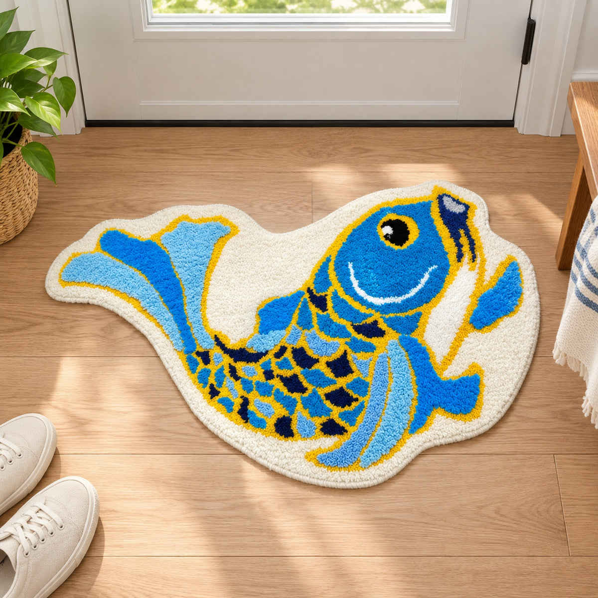 Feblilac Traditional Koi Blue Tufted Bath Mat