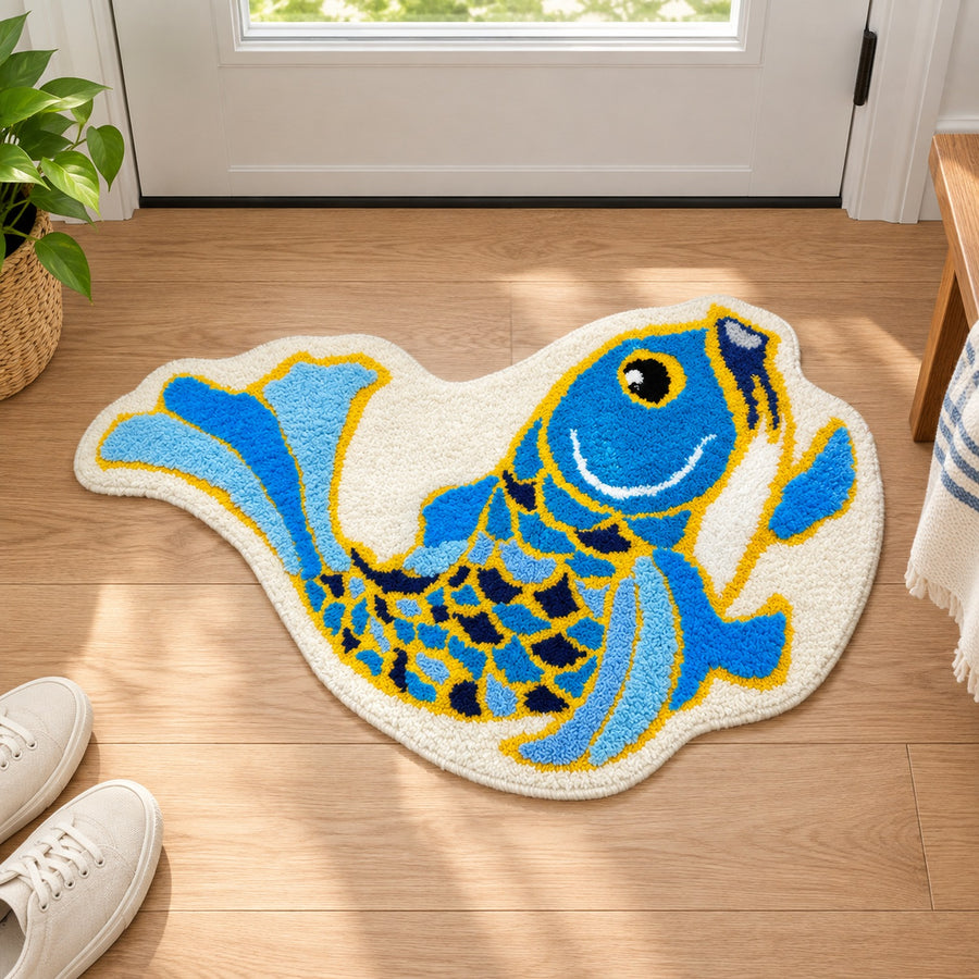 Feblilac Traditional Koi Blue Tufted Bath Mat
