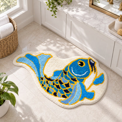 Feblilac Traditional Koi Blue Tufted Bath Mat