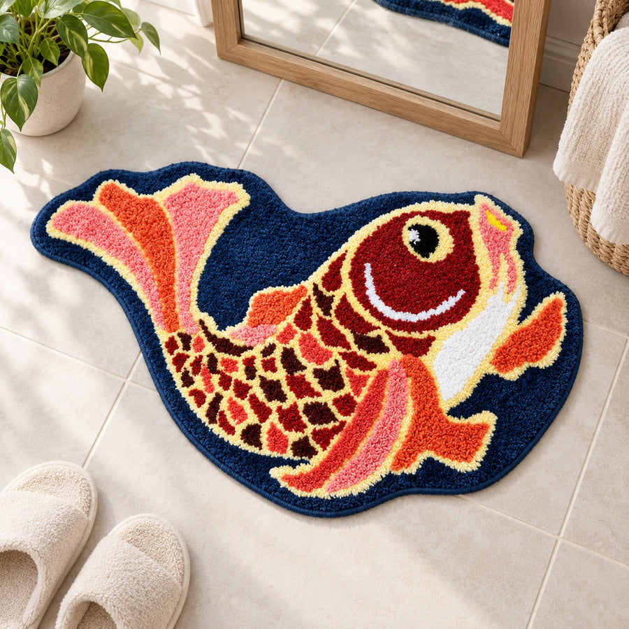 Feblilac Traditional Koi Red Tufted Bath Mat