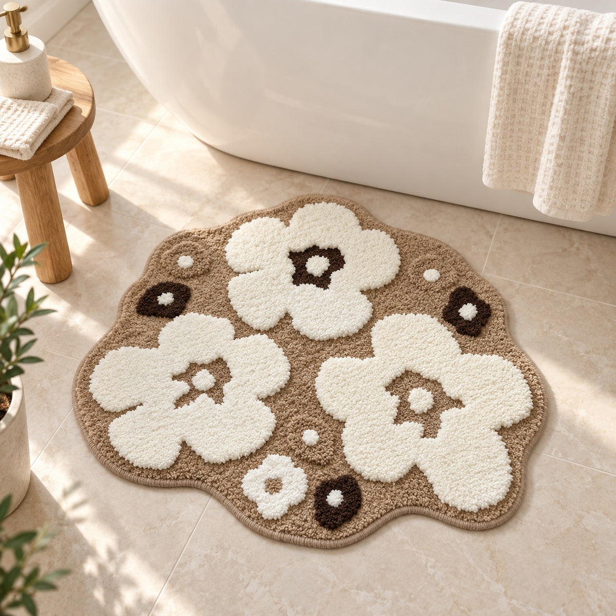 Feblilac White Flowers Tufted Bath Mat