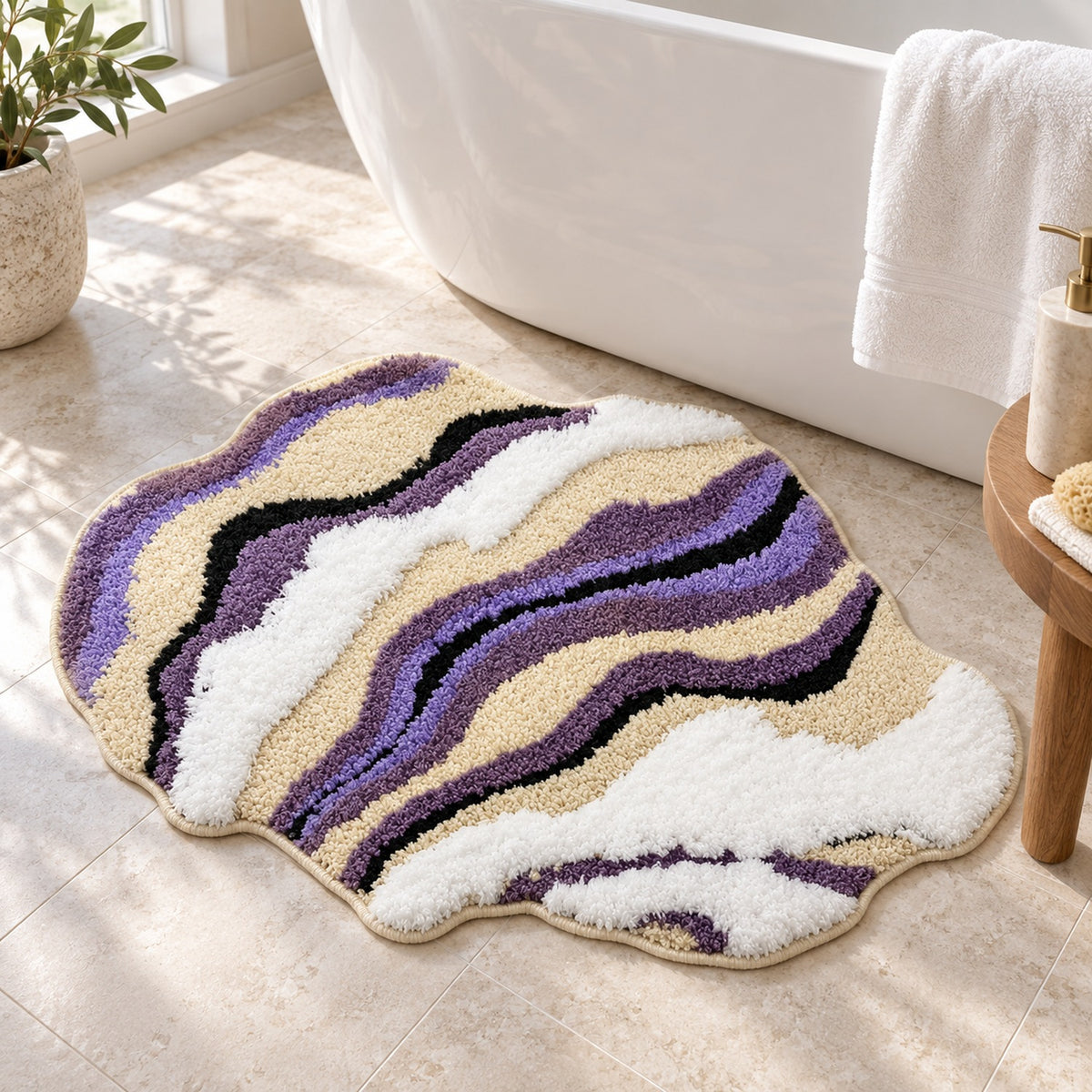 Feblilac Abstract Purple and White Cloud Tufted Bath Mat