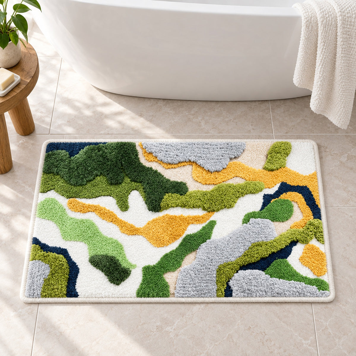 Feblilac Green and White Moss Runner Tufted Bath Mat