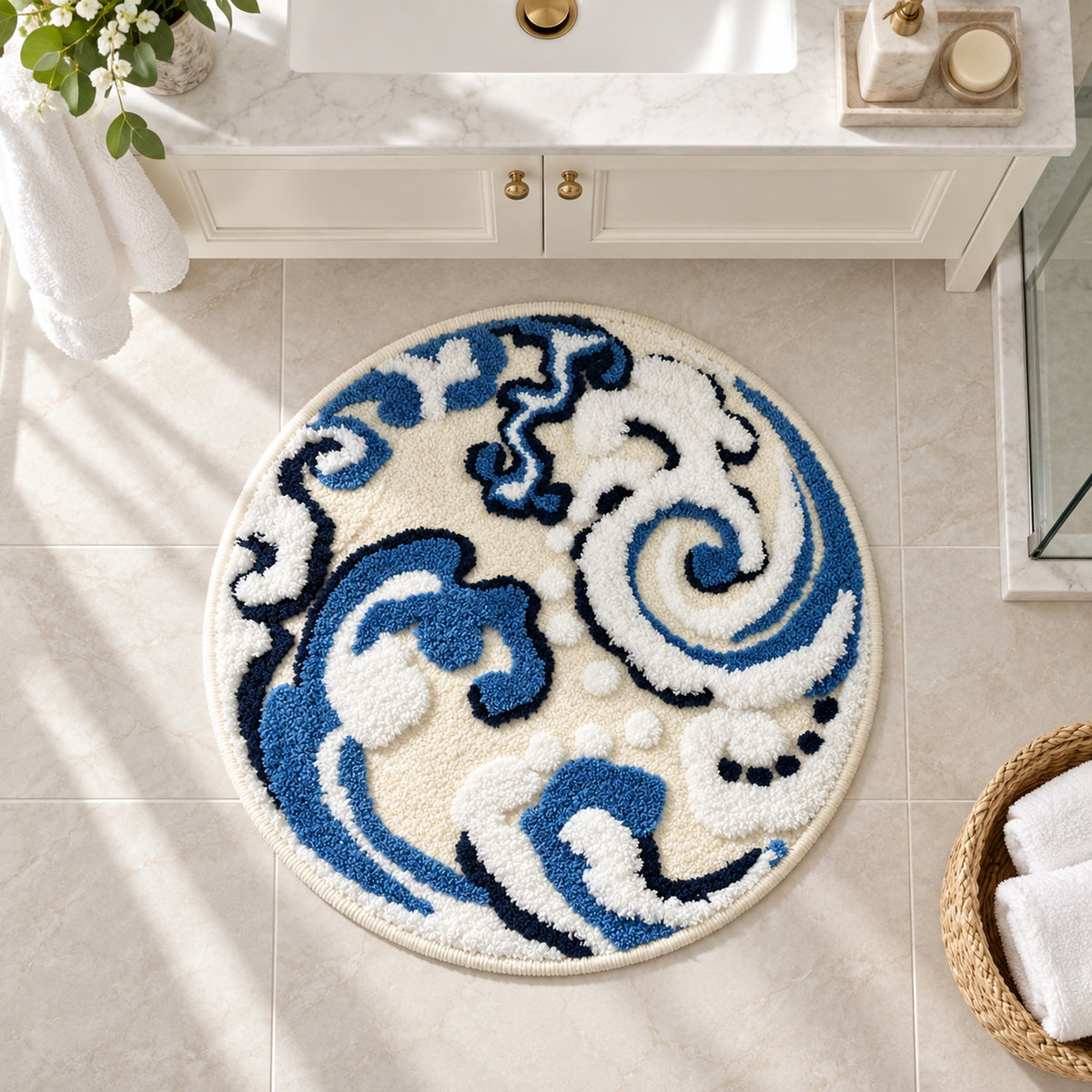 Feblilac Circular Abstract Wave Tufted Bath Mat