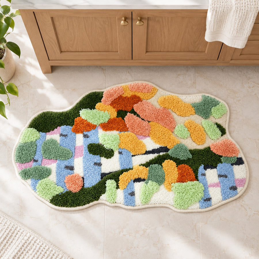 Feblilac Irregular Red and White Moss Runner Tufted Bath Mat